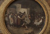 Antikes tiroler Rundgemälde auf Porzellan, Wirtshausszene, signiert 1887