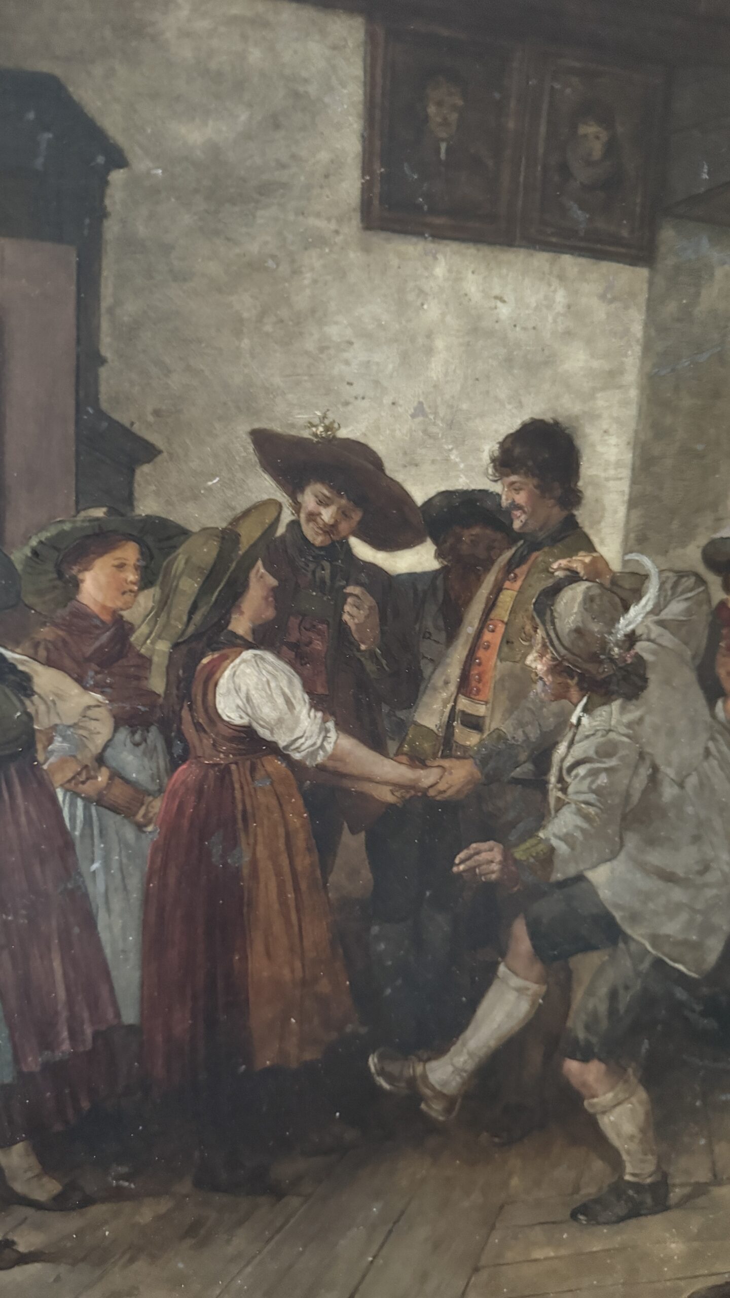 Antikes tiroler Rundgemälde auf Porzellan, Wirtshausszene, signiert 1887