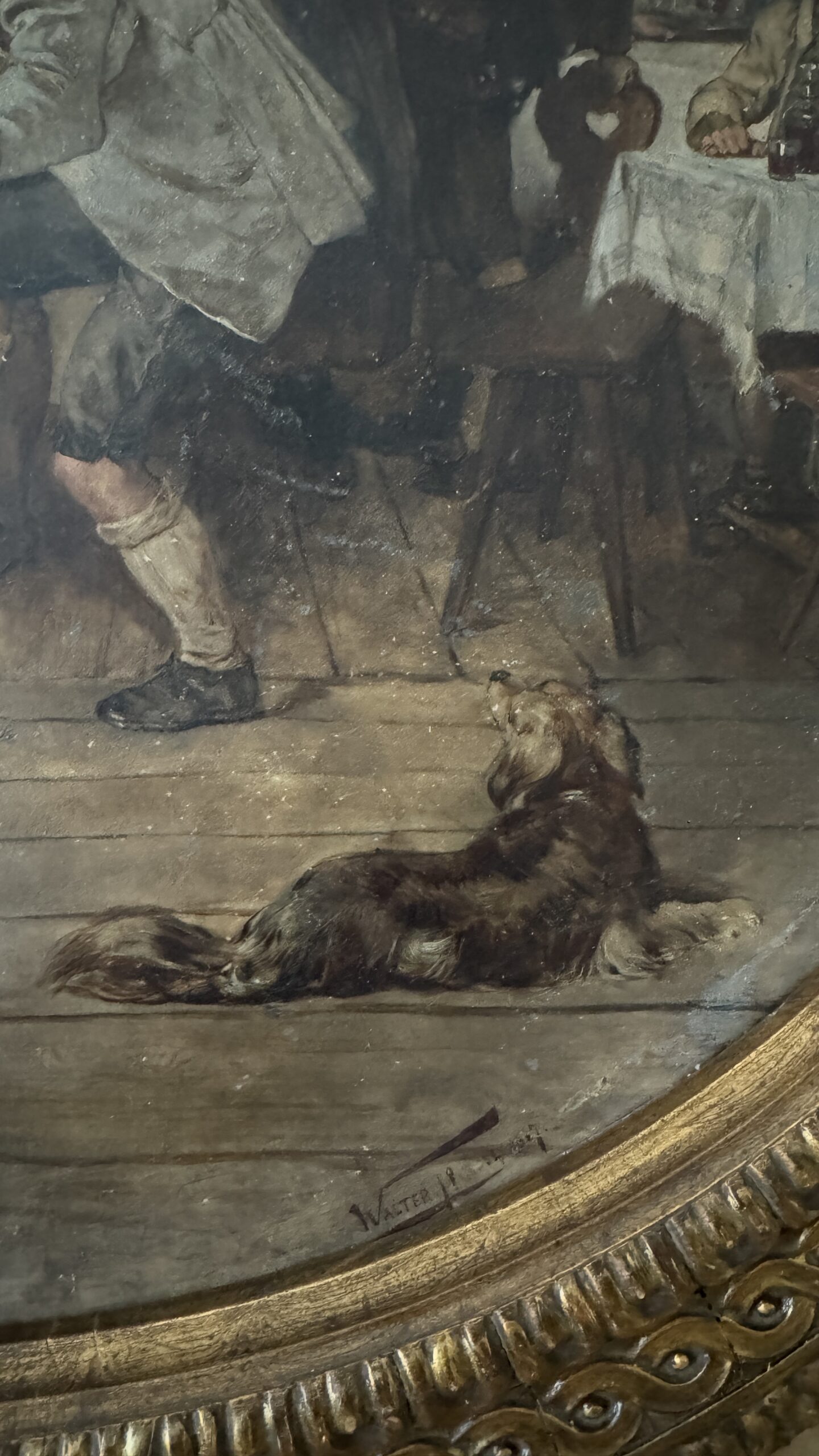 Antikes tiroler Rundgemälde auf Porzellan, Wirtshausszene, signiert 1887