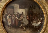 Antikes tiroler Rundgemälde auf Porzellan, Wirtshausszene, signiert 1887