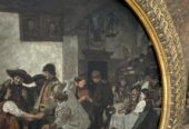 Antikes tiroler Rundgemälde auf Porzellan, Wirtshausszene, signiert 1887