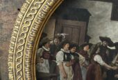 Antikes tiroler Rundgemälde auf Porzellan, Wirtshausszene, signiert 1887