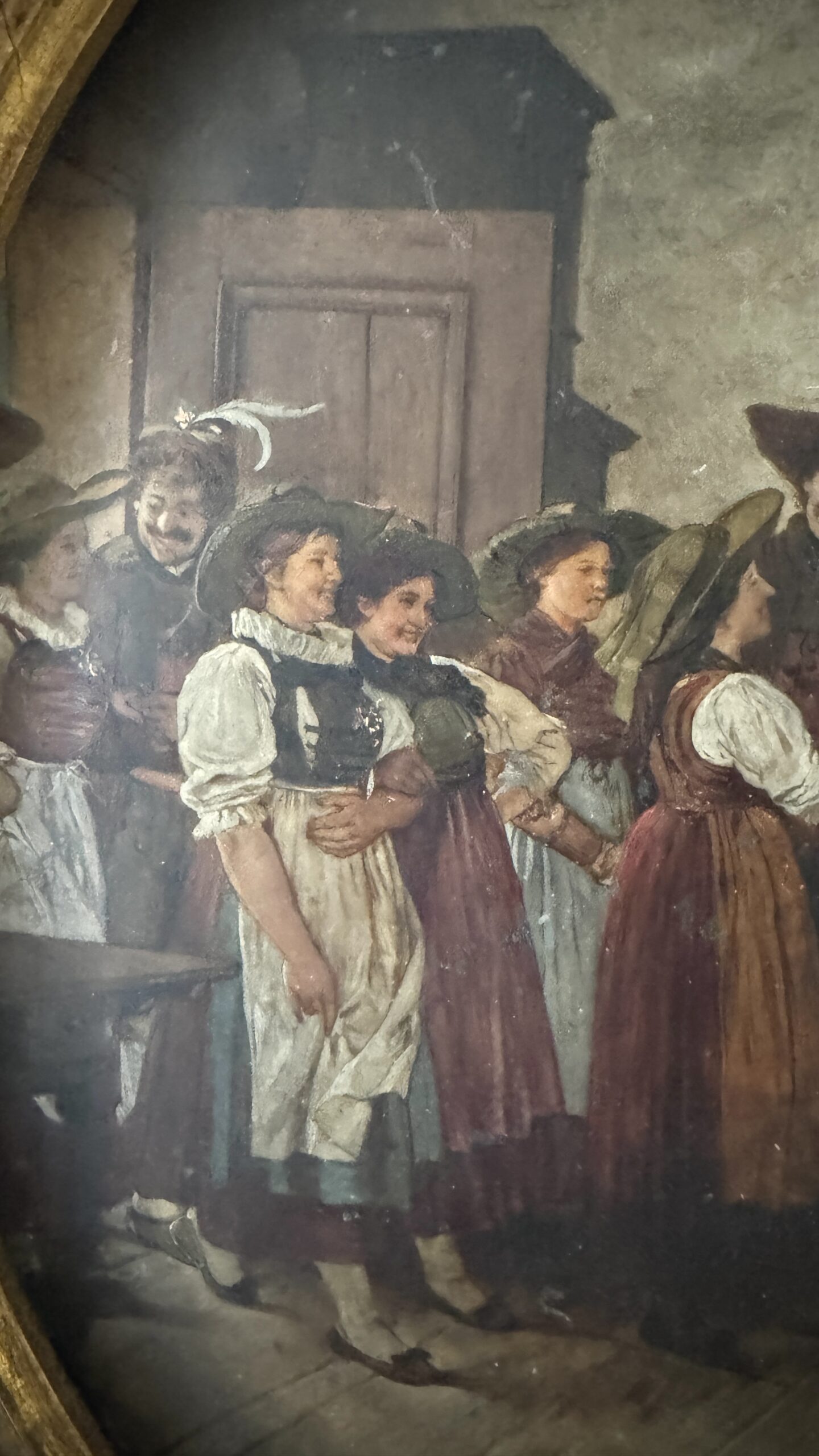 Antikes tiroler Rundgemälde auf Porzellan, Wirtshausszene, signiert 1887