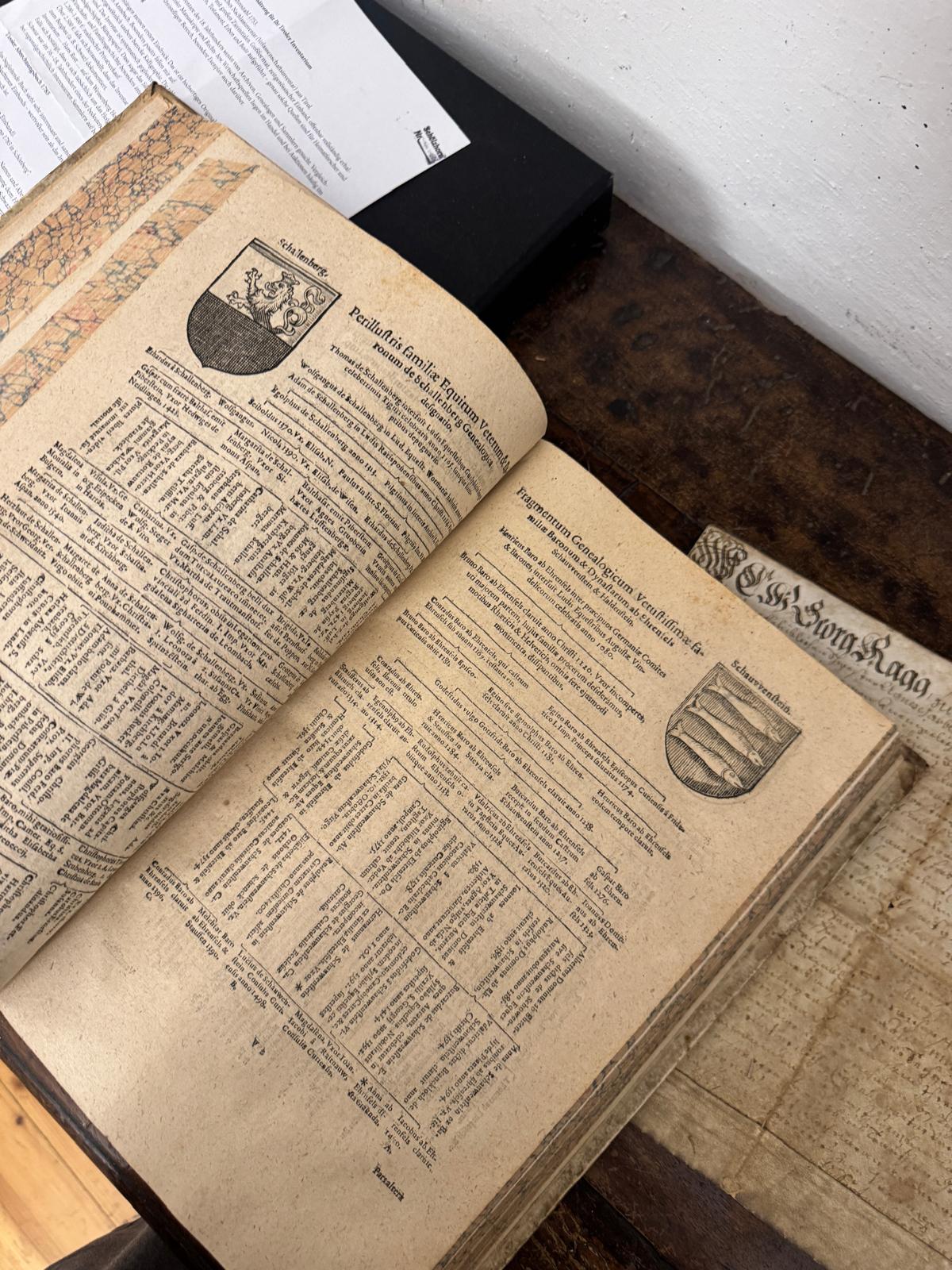 Hochwertiges Konvolut, großes antikes Wappenbuch, Pergament mit intakter Siegelkapsel und Wappen u.m.